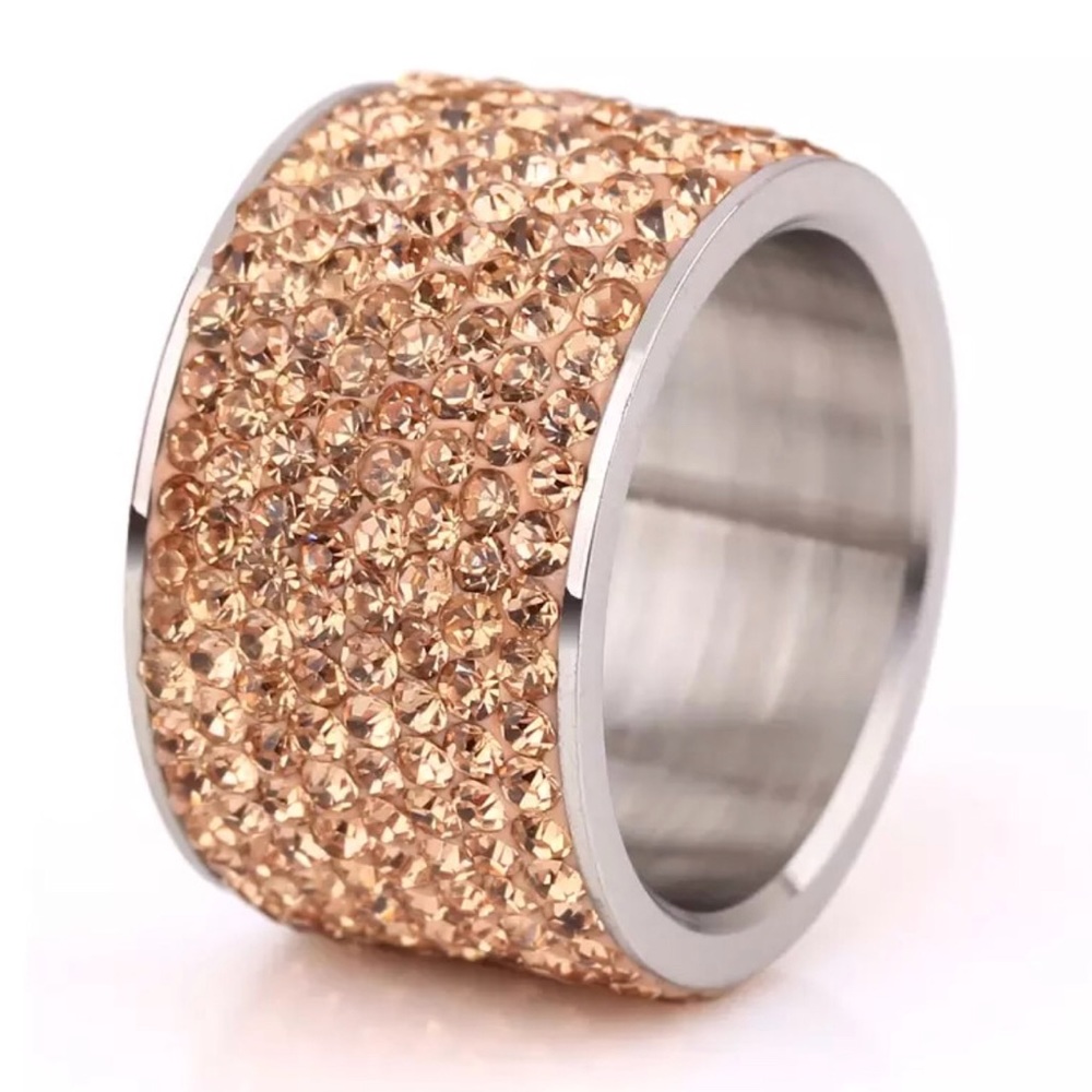 Stainless Steel CZ Crystals Champagne Color Ring